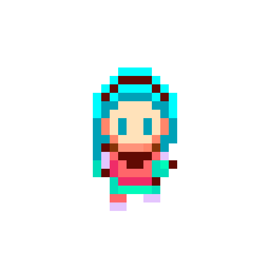 A pixelated Zari frantically looking from side to side and running in place.